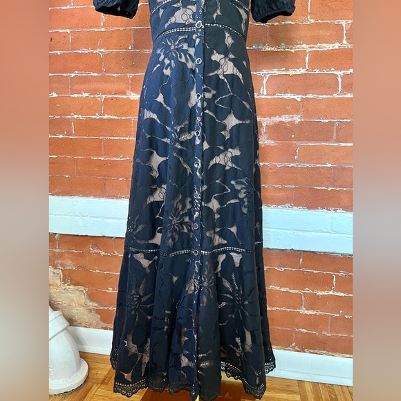 Anthropologie Ophelia Midi Dress Black Lace Puff Sleeve V Neck Button Front - Picture 11 of 16